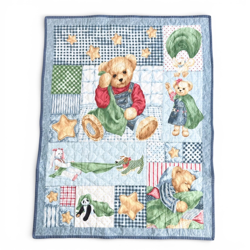 Vintage Blue Jean Teddy Bear Patchwork Baby Quilt Crib Blanket Blue